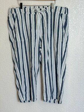 Per Se Linen Blend Pants Plus Size 1X Striped Cropped Wide Leg High Rise Coastal